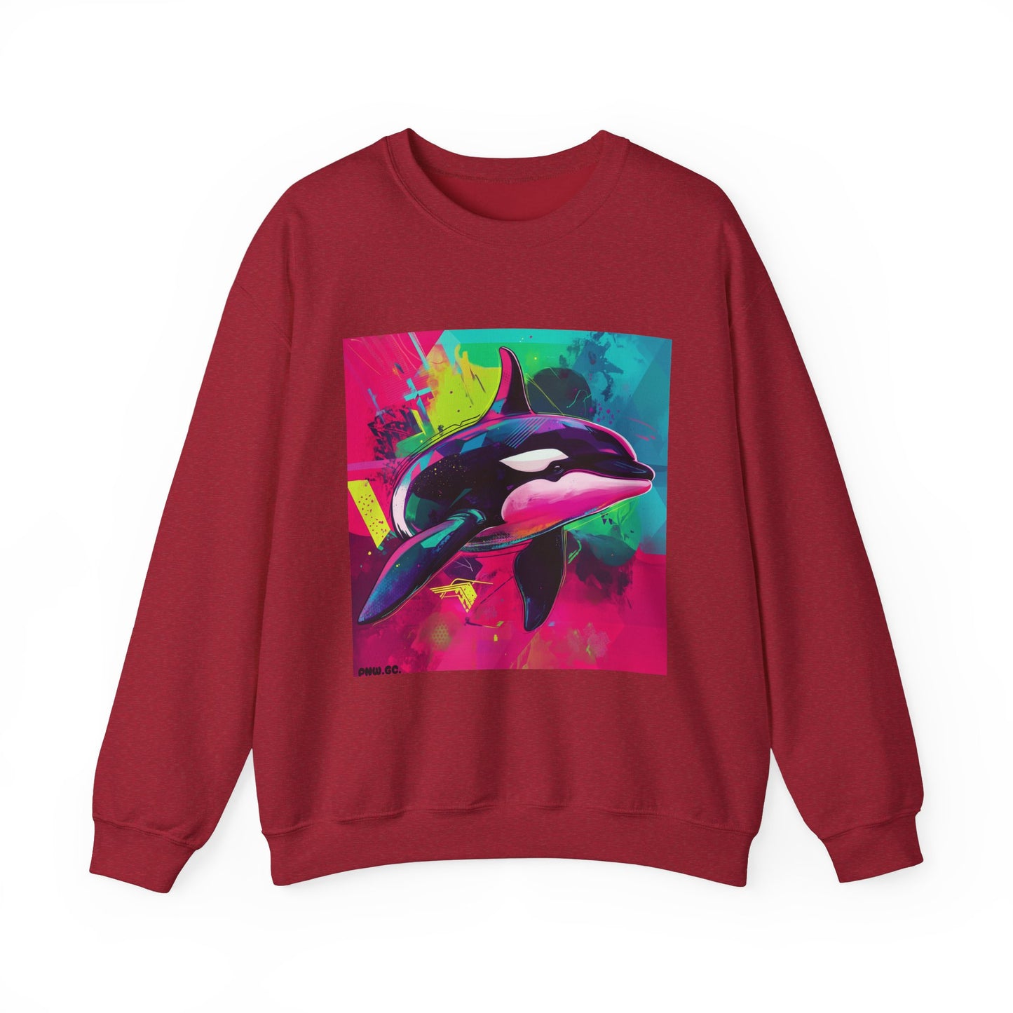 90's Neon Orca Crew Neck Sweater | Pacific Killer Whale Art | Retro Vaporwave Sweater | Colorful Orca Gift | By Pacific NW Gear Co.