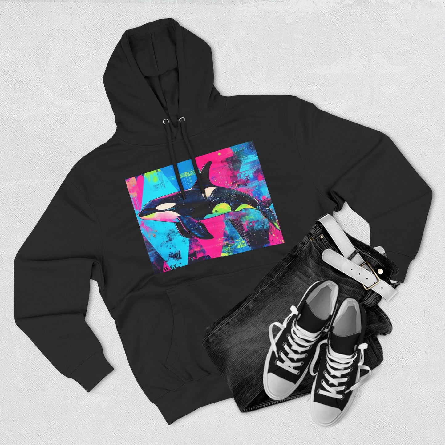 90's Neon Orca V.2 Fleece Hoodie | Pacific Killer Whale Art Version 2 | Retro Orca Hoodie | Colorful Sea Life Gift | By Pacific NW Gear Co.