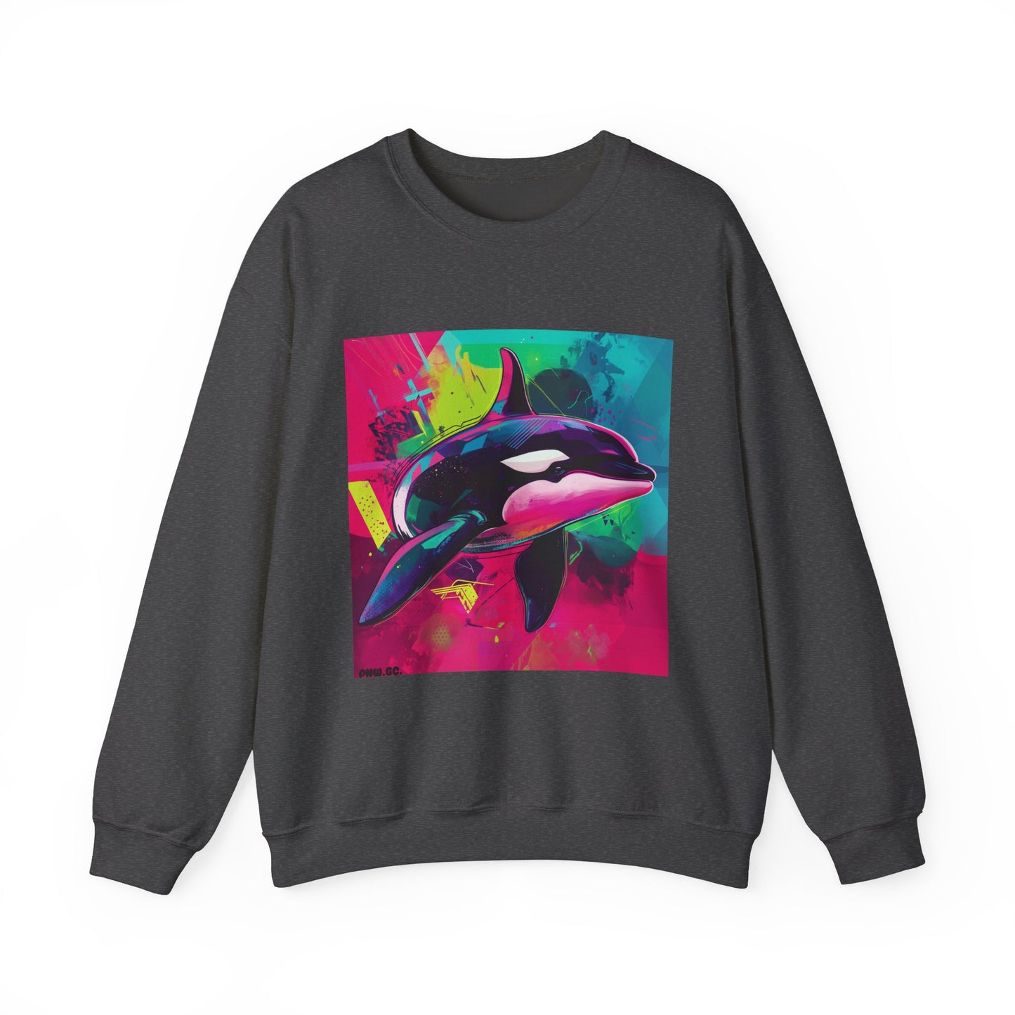 90's Neon Orca Crew Neck Sweater | Pacific Killer Whale Art | Retro Vaporwave Sweater | Colorful Orca Gift | By Pacific NW Gear Co.