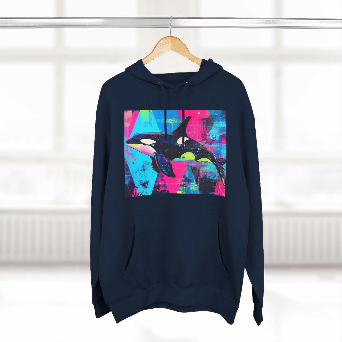90's Neon Orca V.2 Fleece Hoodie | Pacific Killer Whale Art Version 2 | Retro Orca Hoodie | Colorful Sea Life Gift | By Pacific NW Gear Co.
