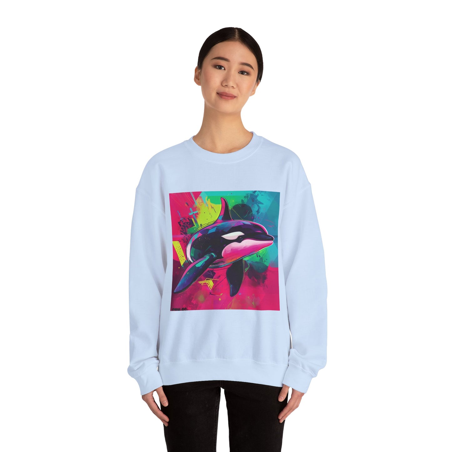 90's Neon Orca Crew Neck Sweater | Pacific Killer Whale Art | Retro Vaporwave Sweater | Colorful Orca Gift | By Pacific NW Gear Co.