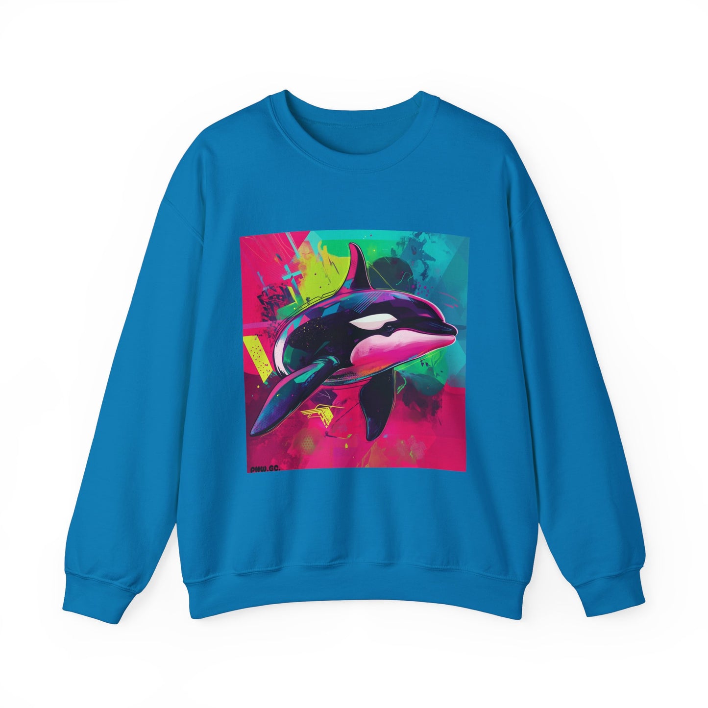 90's Neon Orca Crew Neck Sweater | Pacific Killer Whale Art | Retro Vaporwave Sweater | Colorful Orca Gift | By Pacific NW Gear Co.