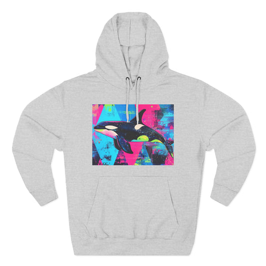 90's Neon Orca V.2 Fleece Hoodie | Pacific Killer Whale Art Version 2 | Retro Orca Hoodie | Colorful Sea Life Gift | By Pacific NW Gear Co.