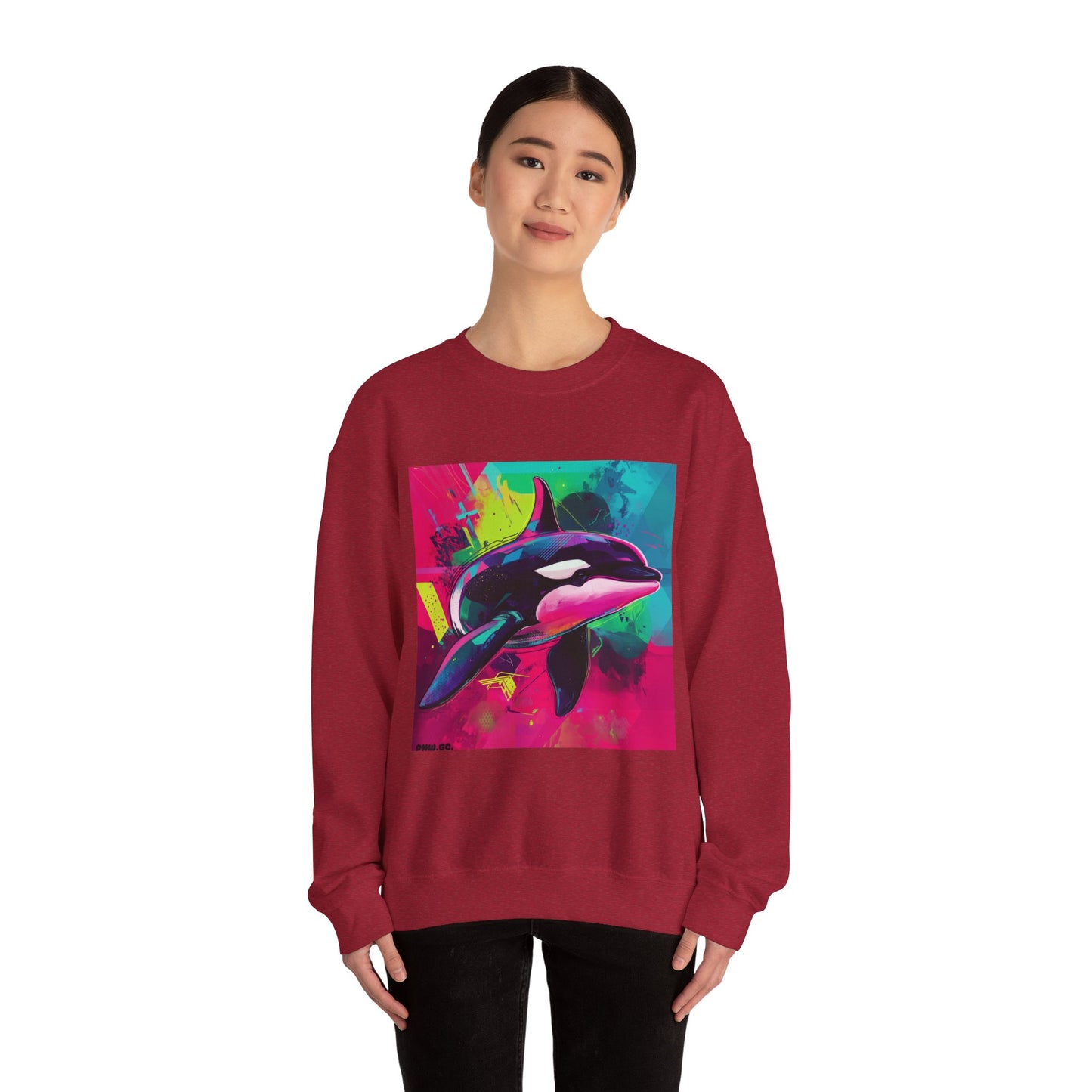 90's Neon Orca Crew Neck Sweater | Pacific Killer Whale Art | Retro Vaporwave Sweater | Colorful Orca Gift | By Pacific NW Gear Co.