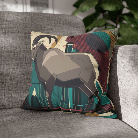 Geo Mountain Goat Pillow | Modern Animal Art Decor | Pacific NW | Modern Faux Suede Square Pillowcase | Vibrant Animal Print Home Decor