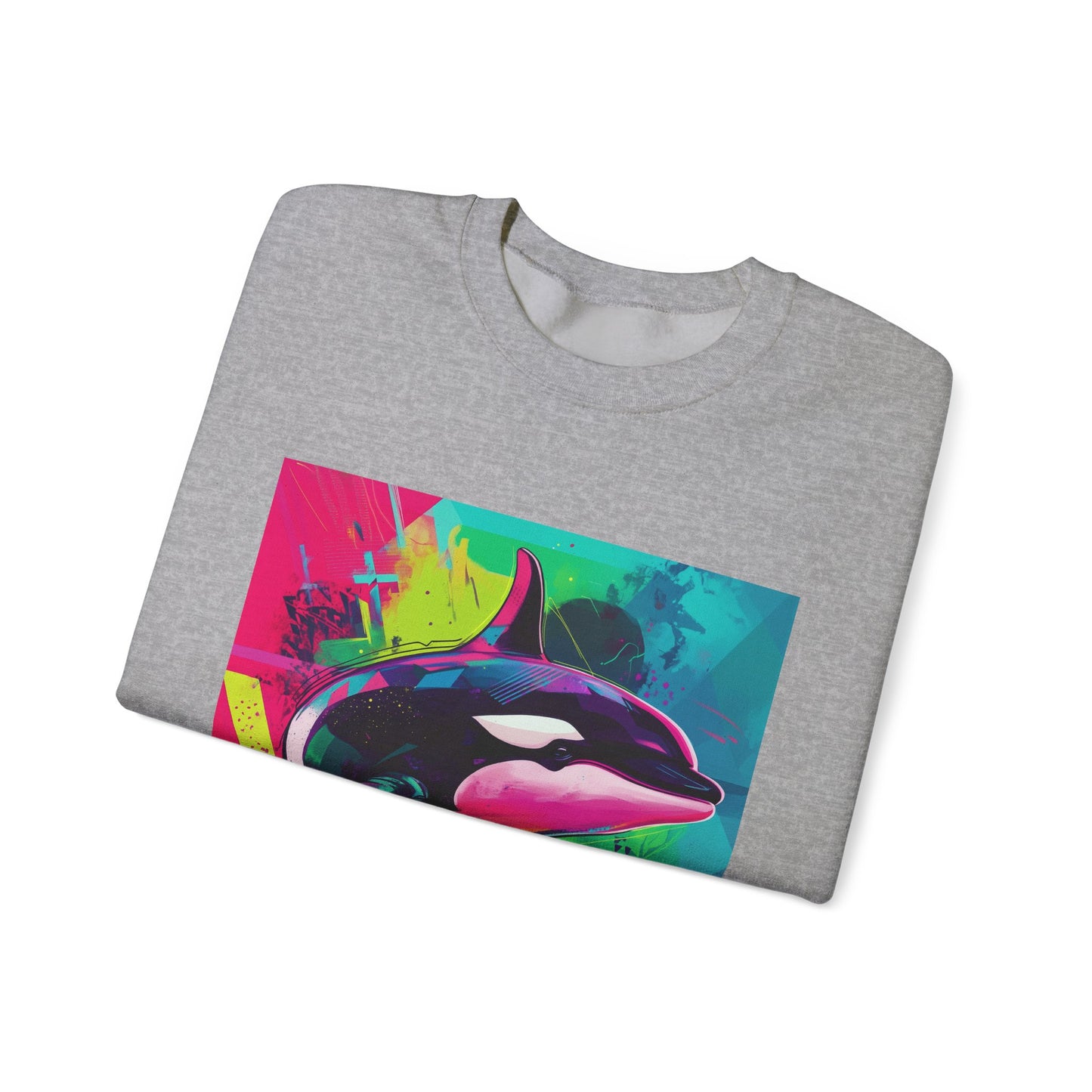 90's Neon Orca Crew Neck Sweater | Pacific Killer Whale Art | Retro Vaporwave Sweater | Colorful Orca Gift | By Pacific NW Gear Co.