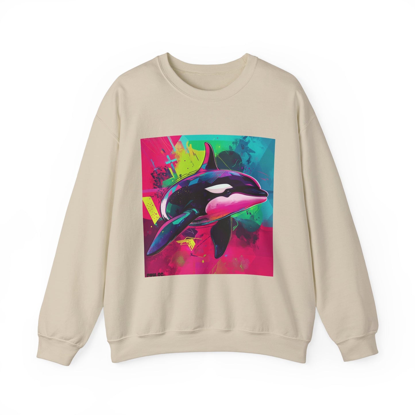 90's Neon Orca Crew Neck Sweater | Pacific Killer Whale Art | Retro Vaporwave Sweater | Colorful Orca Gift | By Pacific NW Gear Co.
