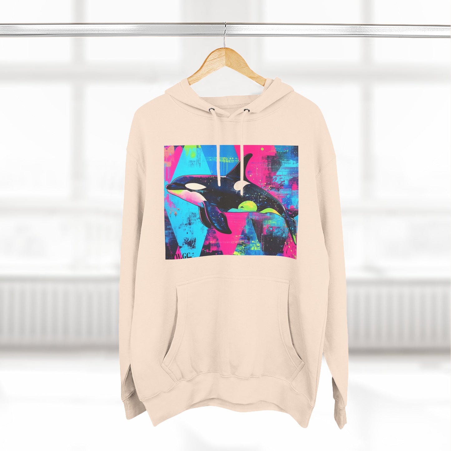 90's Neon Orca V.2 Fleece Hoodie | Pacific Killer Whale Art Version 2 | Retro Orca Hoodie | Colorful Sea Life Gift | By Pacific NW Gear Co.