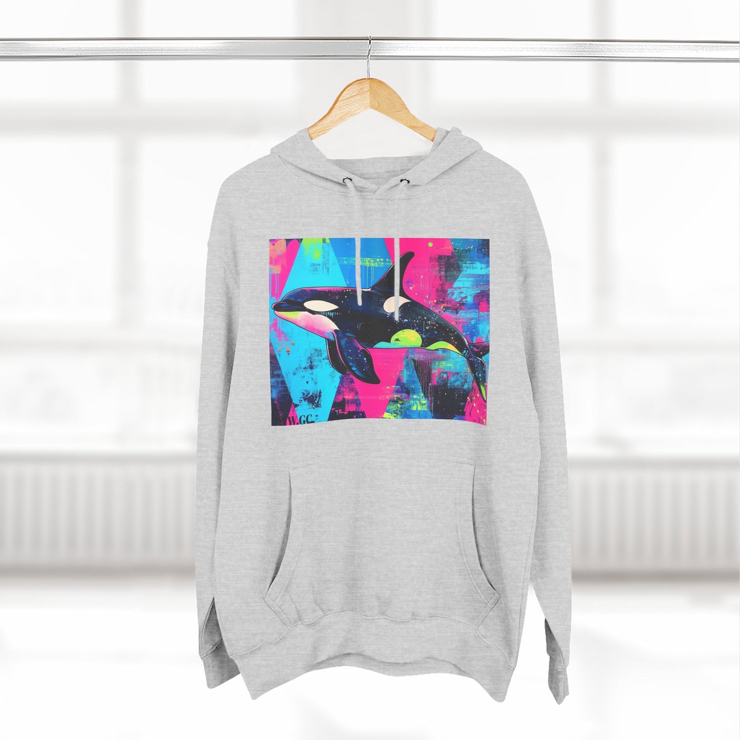 90's Neon Orca V.2 Fleece Hoodie | Pacific Killer Whale Art Version 2 | Retro Orca Hoodie | Colorful Sea Life Gift | By Pacific NW Gear Co.