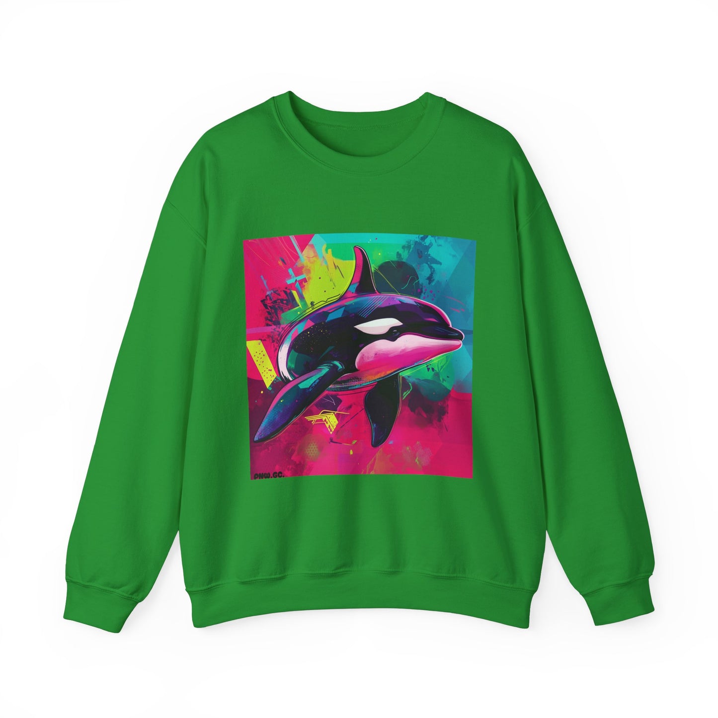 90's Neon Orca Crew Neck Sweater | Pacific Killer Whale Art | Retro Vaporwave Sweater | Colorful Orca Gift | By Pacific NW Gear Co.