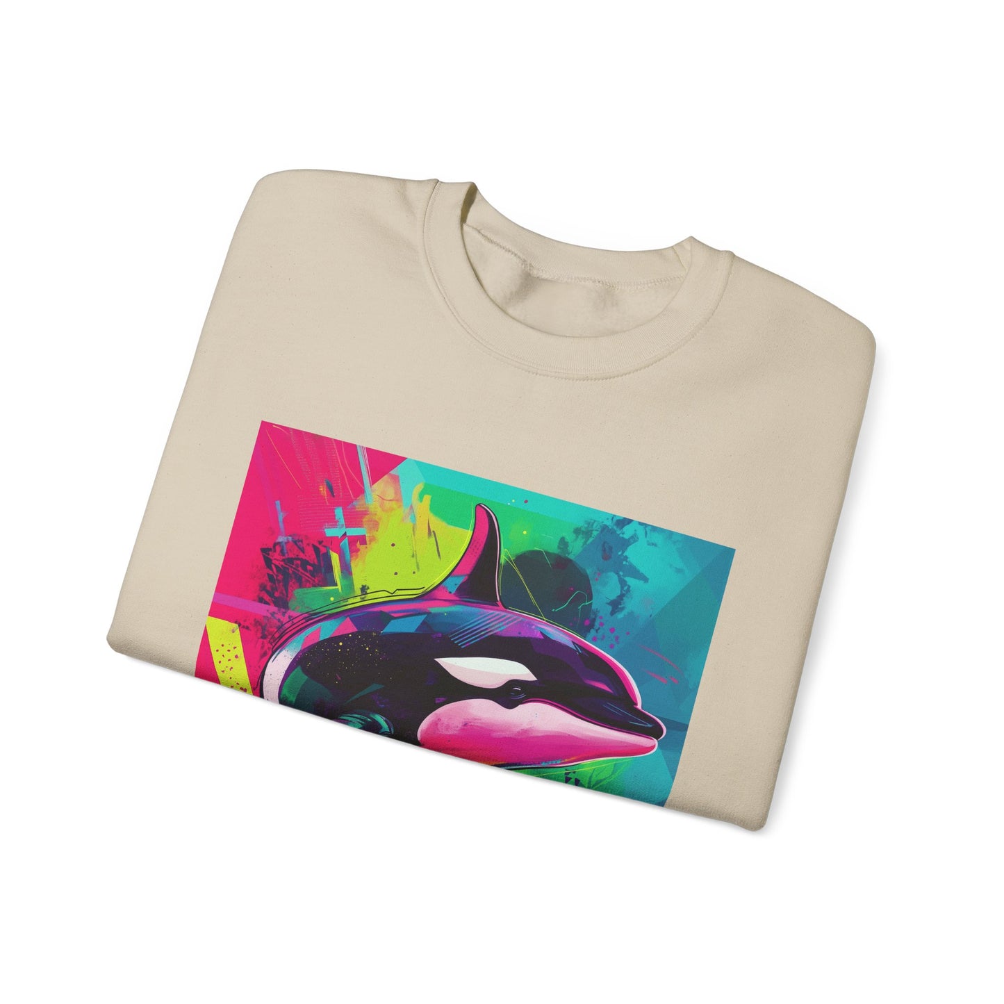90's Neon Orca Crew Neck Sweater | Pacific Killer Whale Art | Retro Vaporwave Sweater | Colorful Orca Gift | By Pacific NW Gear Co.