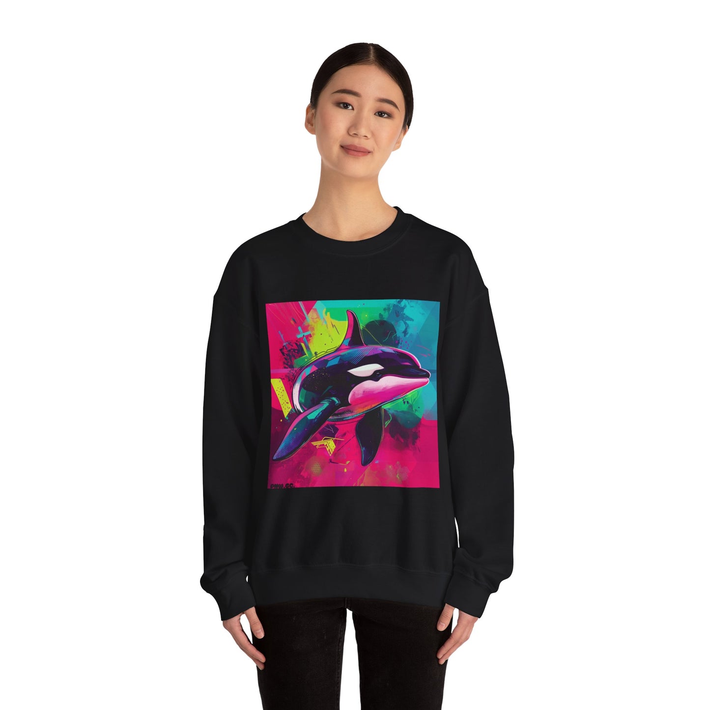 90's Neon Orca Crew Neck Sweater | Pacific Killer Whale Art | Retro Vaporwave Sweater | Colorful Orca Gift | By Pacific NW Gear Co.