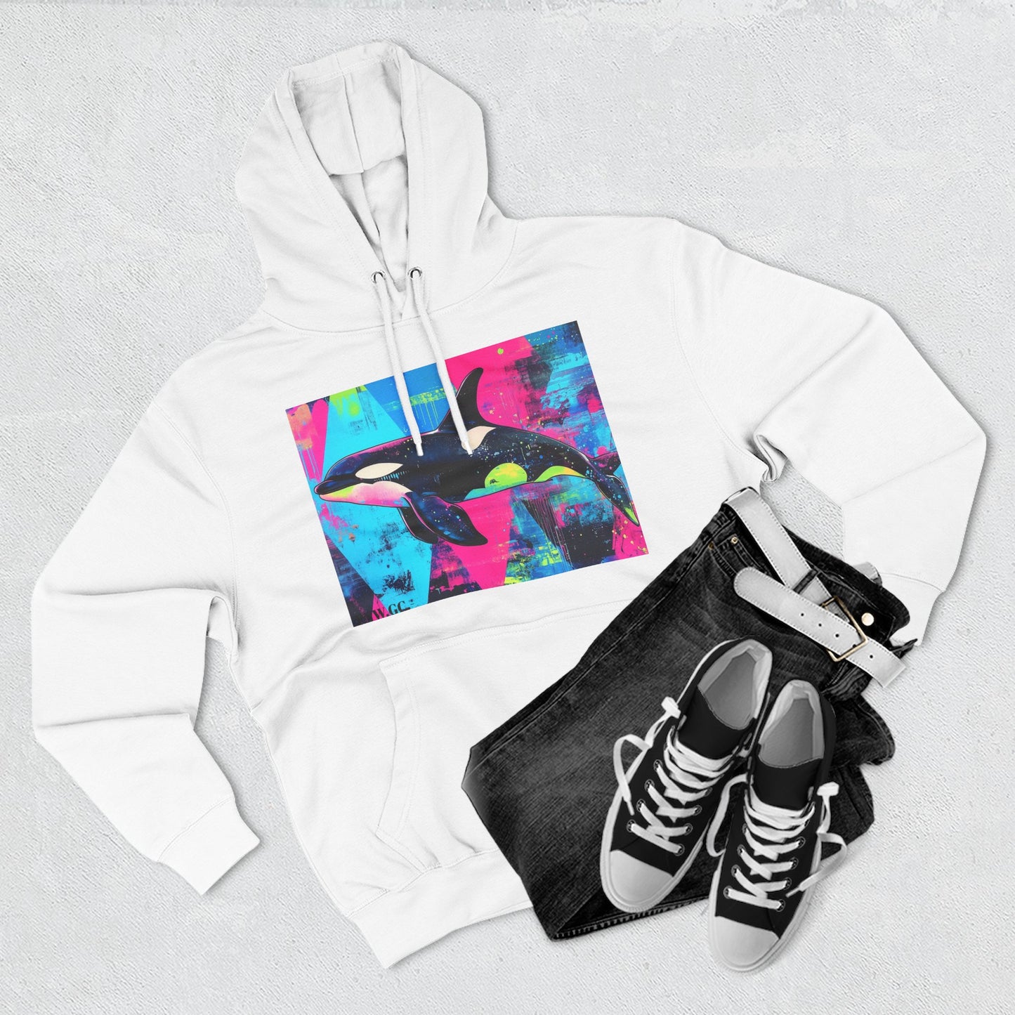 90's Neon Orca V.2 Fleece Hoodie | Pacific Killer Whale Art Version 2 | Retro Orca Hoodie | Colorful Sea Life Gift | By Pacific NW Gear Co.