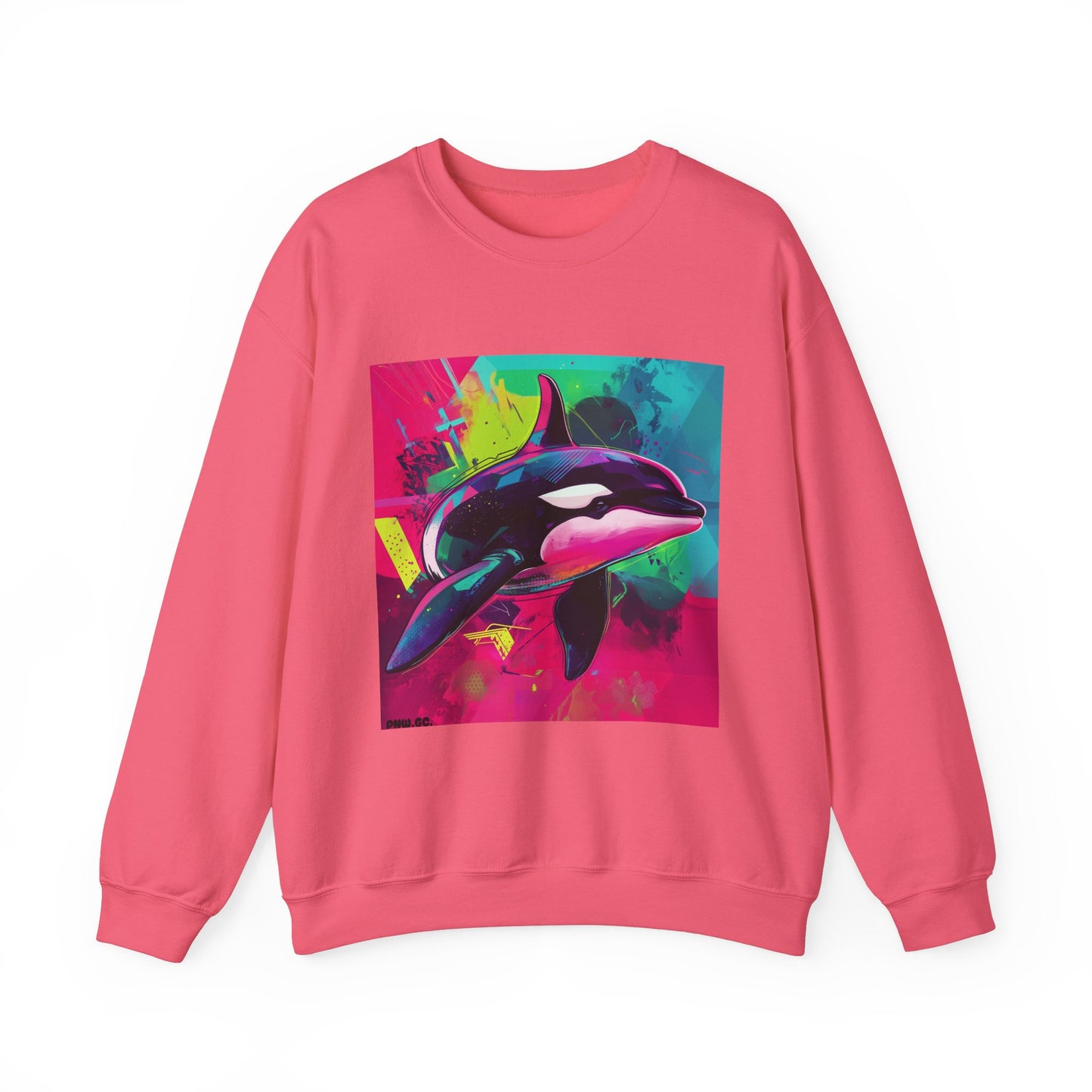90's Neon Orca Crew Neck Sweater | Pacific Killer Whale Art | Retro Vaporwave Sweater | Colorful Orca Gift | By Pacific NW Gear Co.