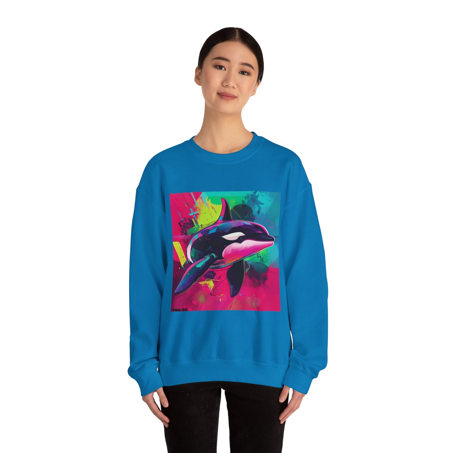 90's Neon Orca Crew Neck Sweater | Pacific Killer Whale Art | Retro Vaporwave Sweater | Colorful Orca Gift | By Pacific NW Gear Co.