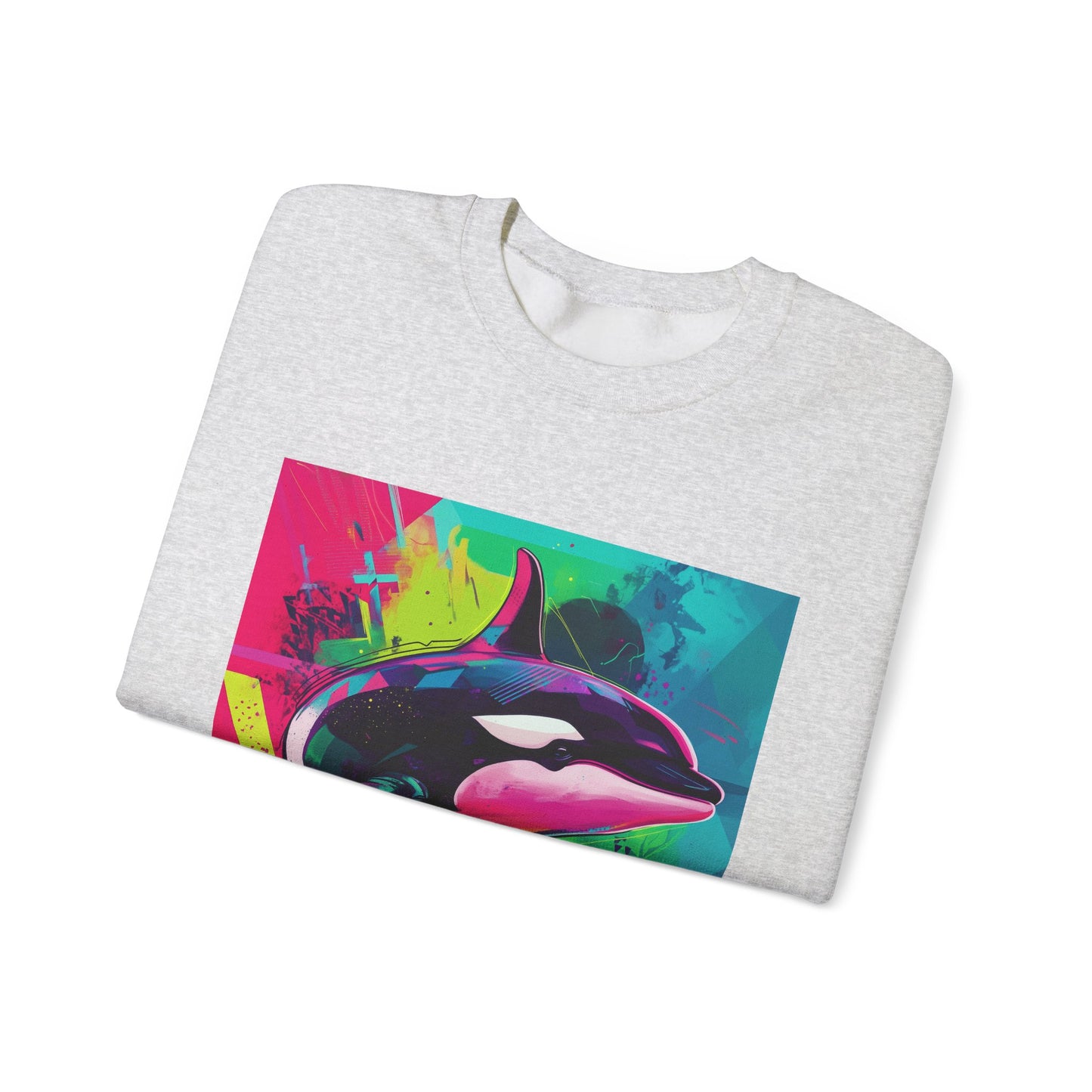 90's Neon Orca Crew Neck Sweater | Pacific Killer Whale Art | Retro Vaporwave Sweater | Colorful Orca Gift | By Pacific NW Gear Co.