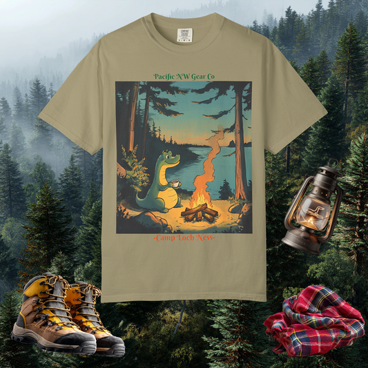 Camp Loch Ness T-Shirt | Camping W/ Nessie Graphic Tee | Cryptid Creature Shirt | Legendary Creature Tee | Pacific NW Gear Co
