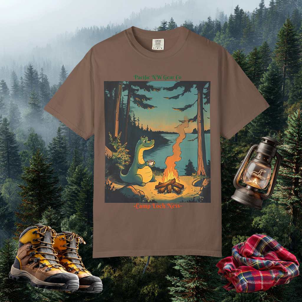 Camp Loch Ness T-Shirt | Camping W/ Nessie Graphic Tee | Cryptid Creature Shirt | Legendary Creature Tee | Pacific NW Gear Co