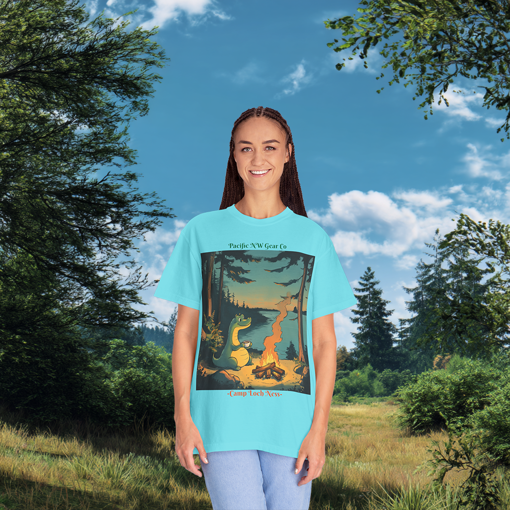 Camp Loch Ness T-Shirt | Camping W/ Nessie Graphic Tee | Cryptid Creature Shirt | Legendary Creature Tee | Pacific NW Gear Co