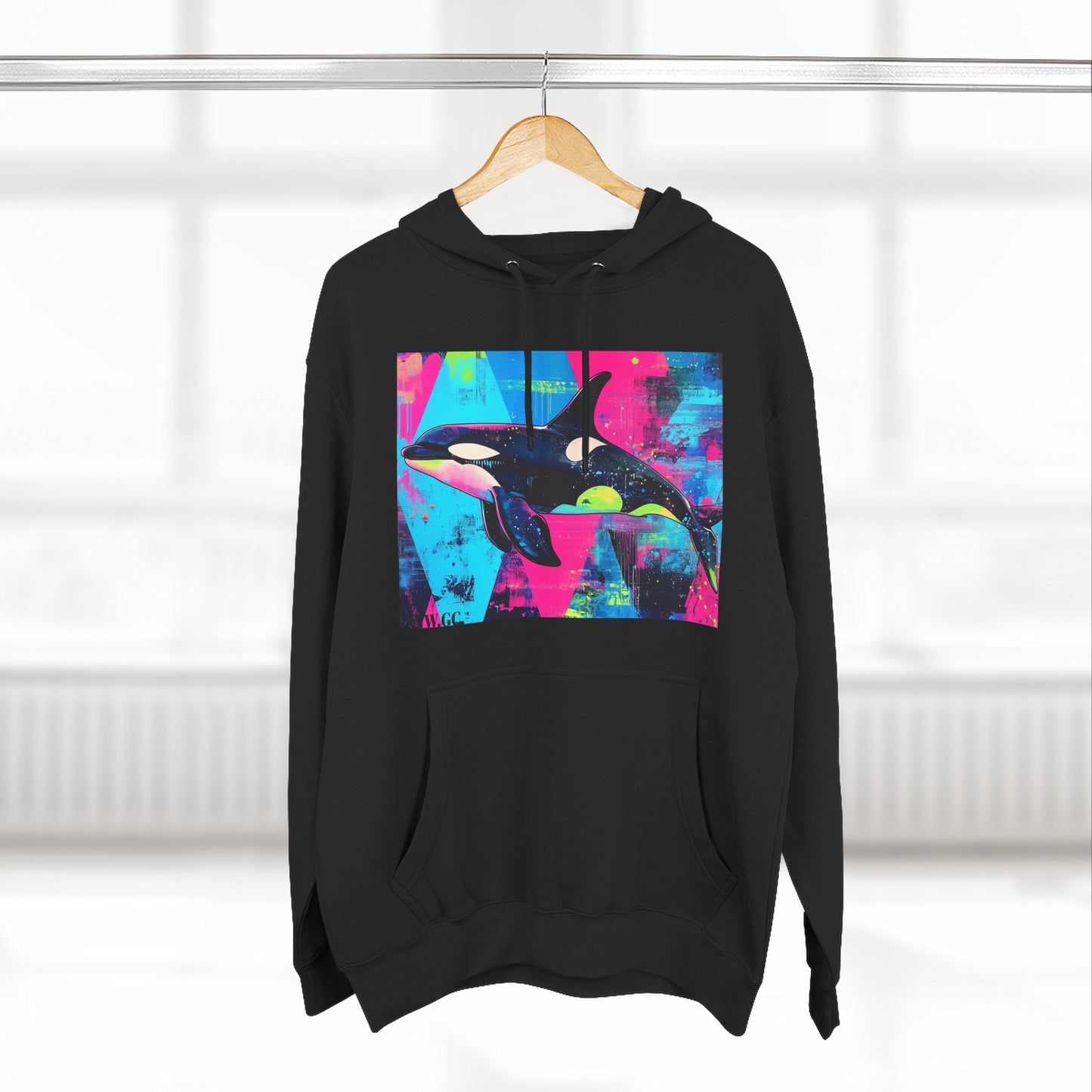 90's Neon Orca V.2 Fleece Hoodie | Pacific Killer Whale Art Version 2 | Retro Orca Hoodie | Colorful Sea Life Gift | By Pacific NW Gear Co.