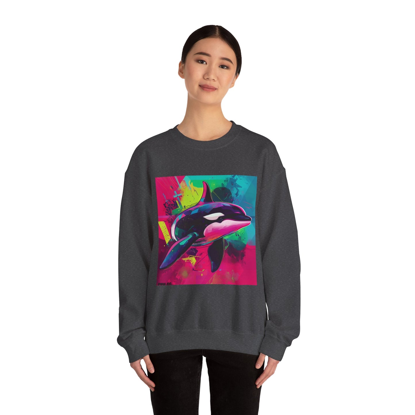 90's Neon Orca Crew Neck Sweater | Pacific Killer Whale Art | Retro Vaporwave Sweater | Colorful Orca Gift | By Pacific NW Gear Co.