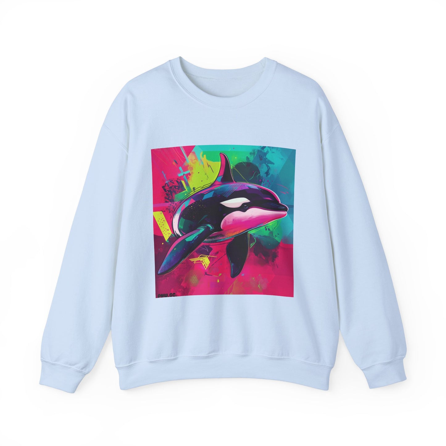 90's Neon Orca Crew Neck Sweater | Pacific Killer Whale Art | Retro Vaporwave Sweater | Colorful Orca Gift | By Pacific NW Gear Co.