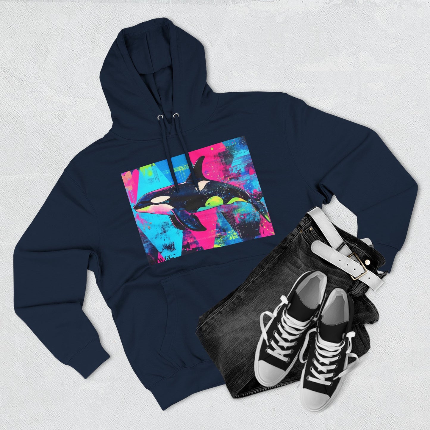 90's Neon Orca V.2 Fleece Hoodie | Pacific Killer Whale Art Version 2 | Retro Orca Hoodie | Colorful Sea Life Gift | By Pacific NW Gear Co.