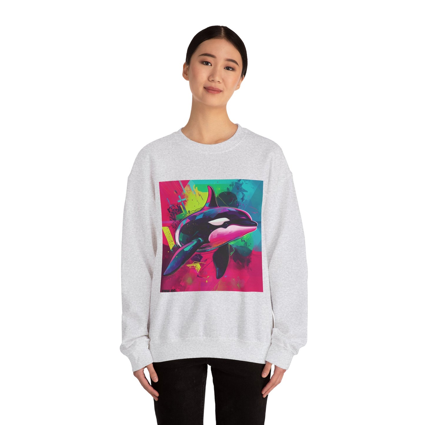 90's Neon Orca Crew Neck Sweater | Pacific Killer Whale Art | Retro Vaporwave Sweater | Colorful Orca Gift | By Pacific NW Gear Co.