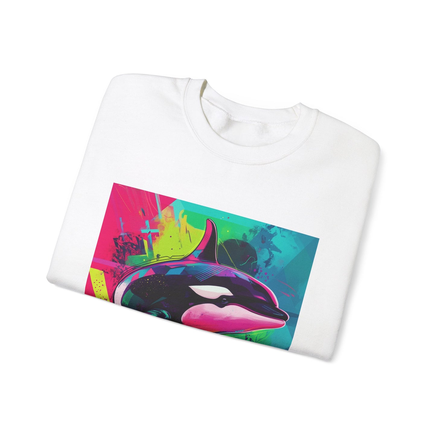 90's Neon Orca Crew Neck Sweater | Pacific Killer Whale Art | Retro Vaporwave Sweater | Colorful Orca Gift | By Pacific NW Gear Co.