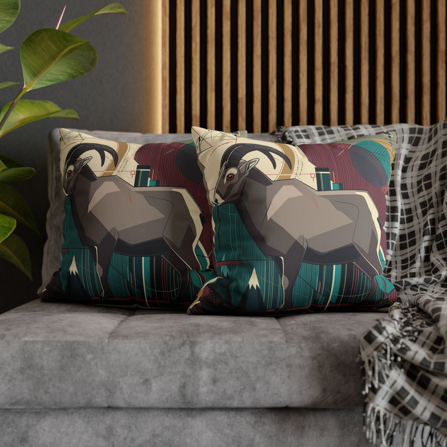 Geo Mountain Goat Pillow | Modern Animal Art Decor | Pacific NW | Modern Faux Suede Square Pillowcase | Vibrant Animal Print Home Decor