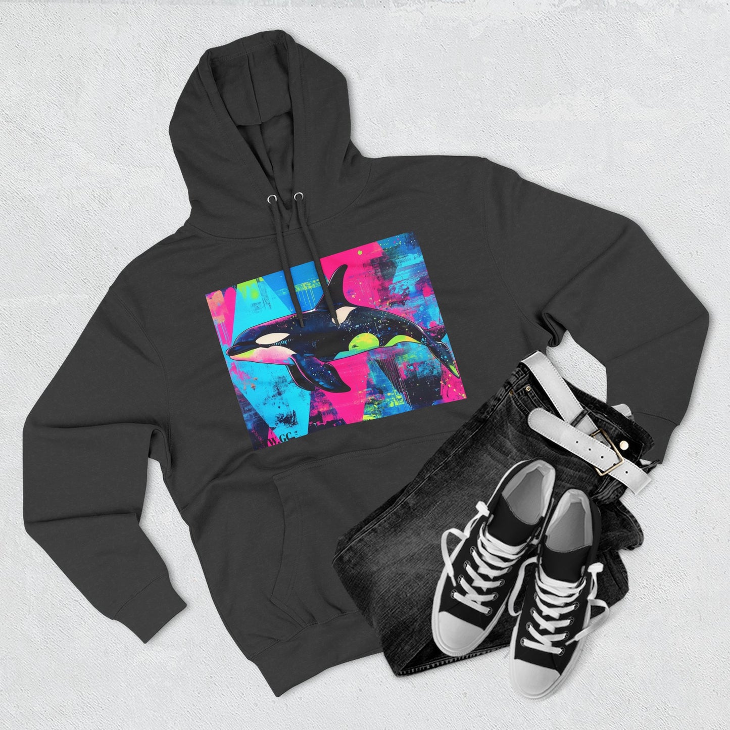 90's Neon Orca V.2 Fleece Hoodie | Pacific Killer Whale Art Version 2 | Retro Orca Hoodie | Colorful Sea Life Gift | By Pacific NW Gear Co.