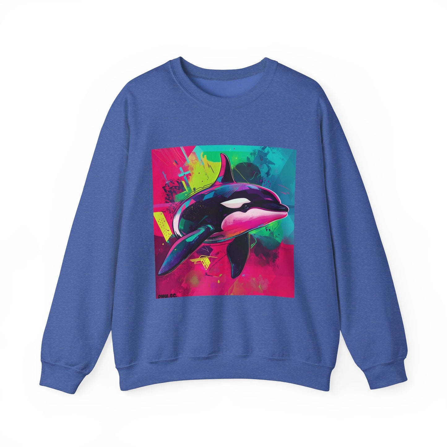 90's Neon Orca Crew Neck Sweater | Pacific Killer Whale Art | Retro Vaporwave Sweater | Colorful Orca Gift | By Pacific NW Gear Co.
