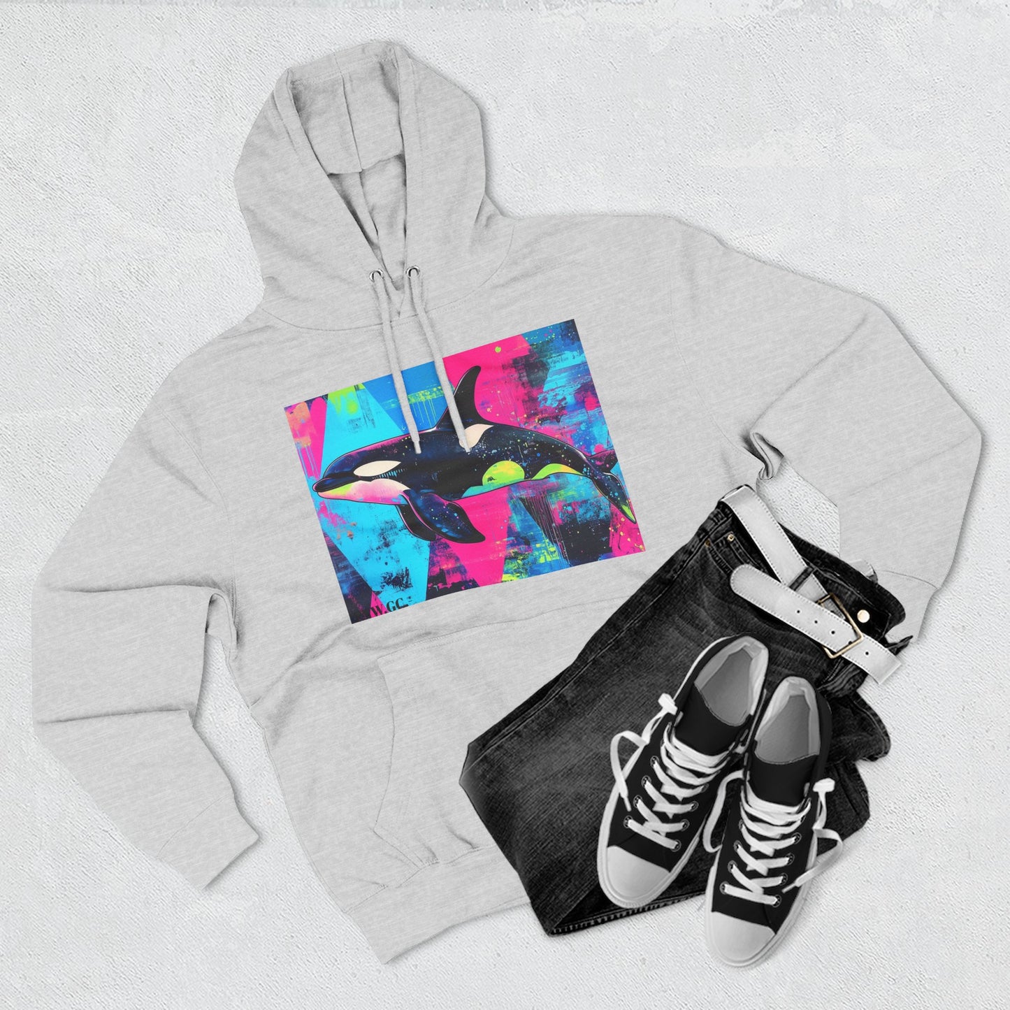 90's Neon Orca V.2 Fleece Hoodie | Pacific Killer Whale Art Version 2 | Retro Orca Hoodie | Colorful Sea Life Gift | By Pacific NW Gear Co.