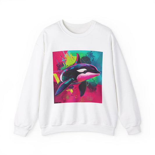 90's Neon Orca Crew Neck Sweater | Pacific Killer Whale Art | Retro Vaporwave Sweater | Colorful Orca Gift | By Pacific NW Gear Co.
