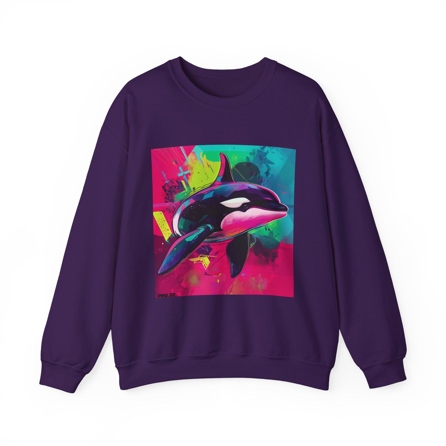 90's Neon Orca Crew Neck Sweater | Pacific Killer Whale Art | Retro Vaporwave Sweater | Colorful Orca Gift | By Pacific NW Gear Co.