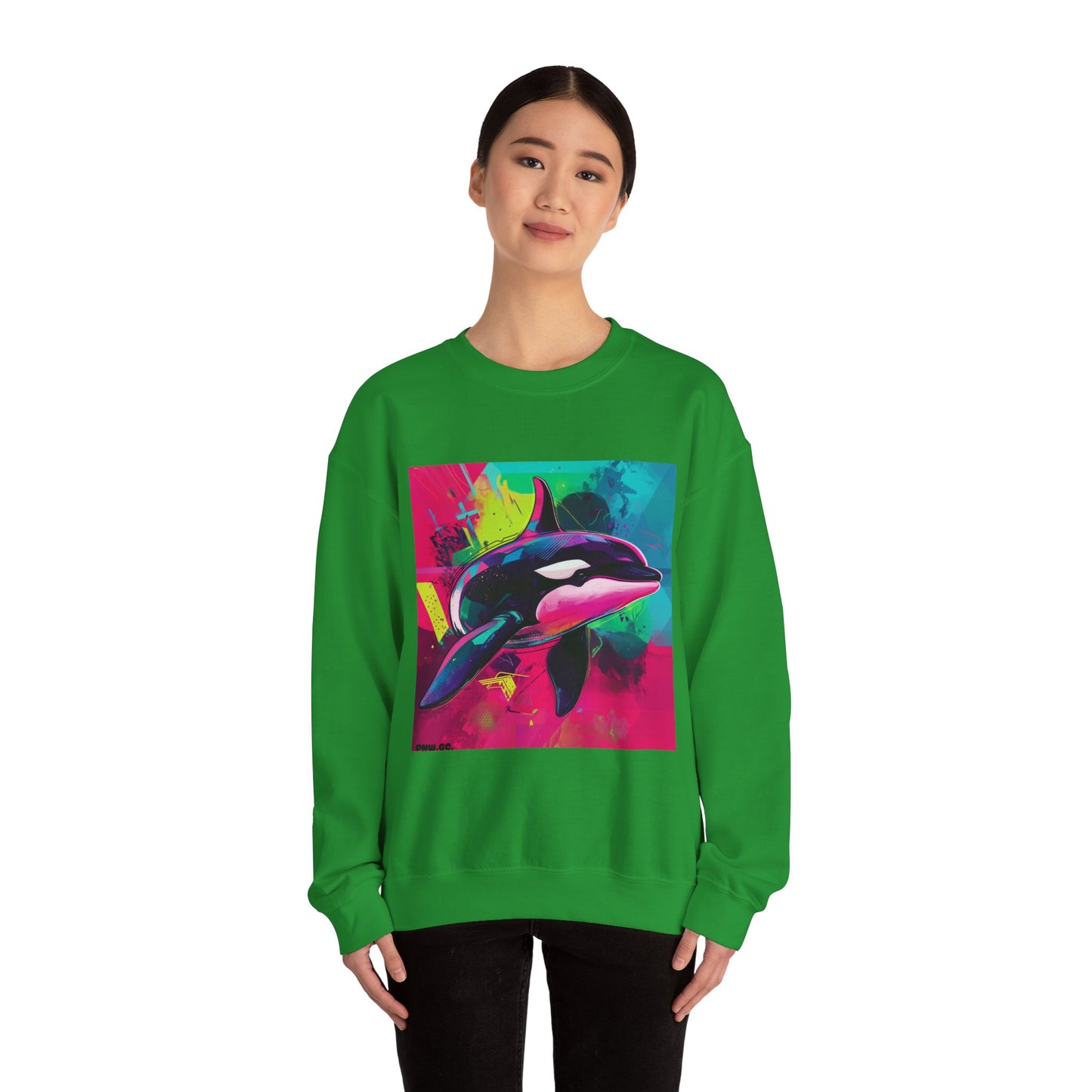 90's Neon Orca Crew Neck Sweater | Pacific Killer Whale Art | Retro Vaporwave Sweater | Colorful Orca Gift | By Pacific NW Gear Co.