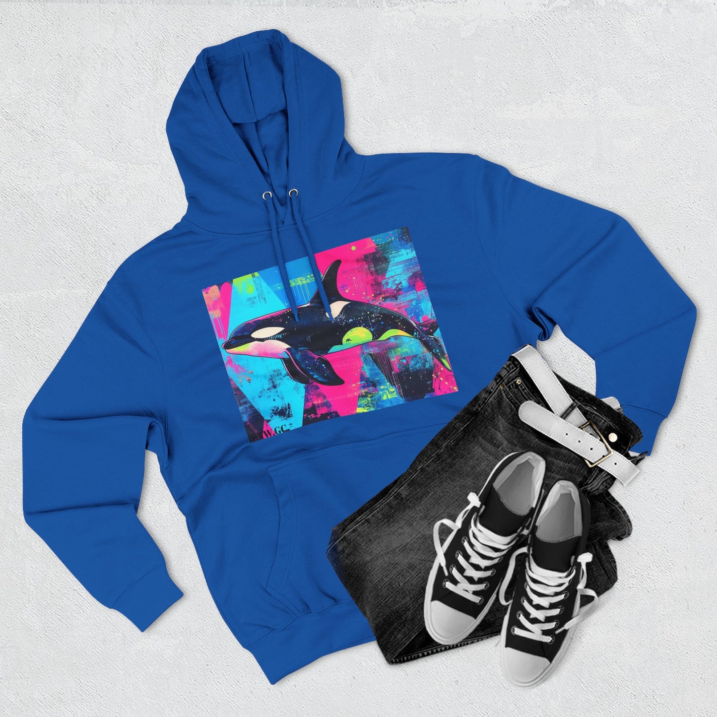 90's Neon Orca V.2 Fleece Hoodie | Pacific Killer Whale Art Version 2 | Retro Orca Hoodie | Colorful Sea Life Gift | By Pacific NW Gear Co.