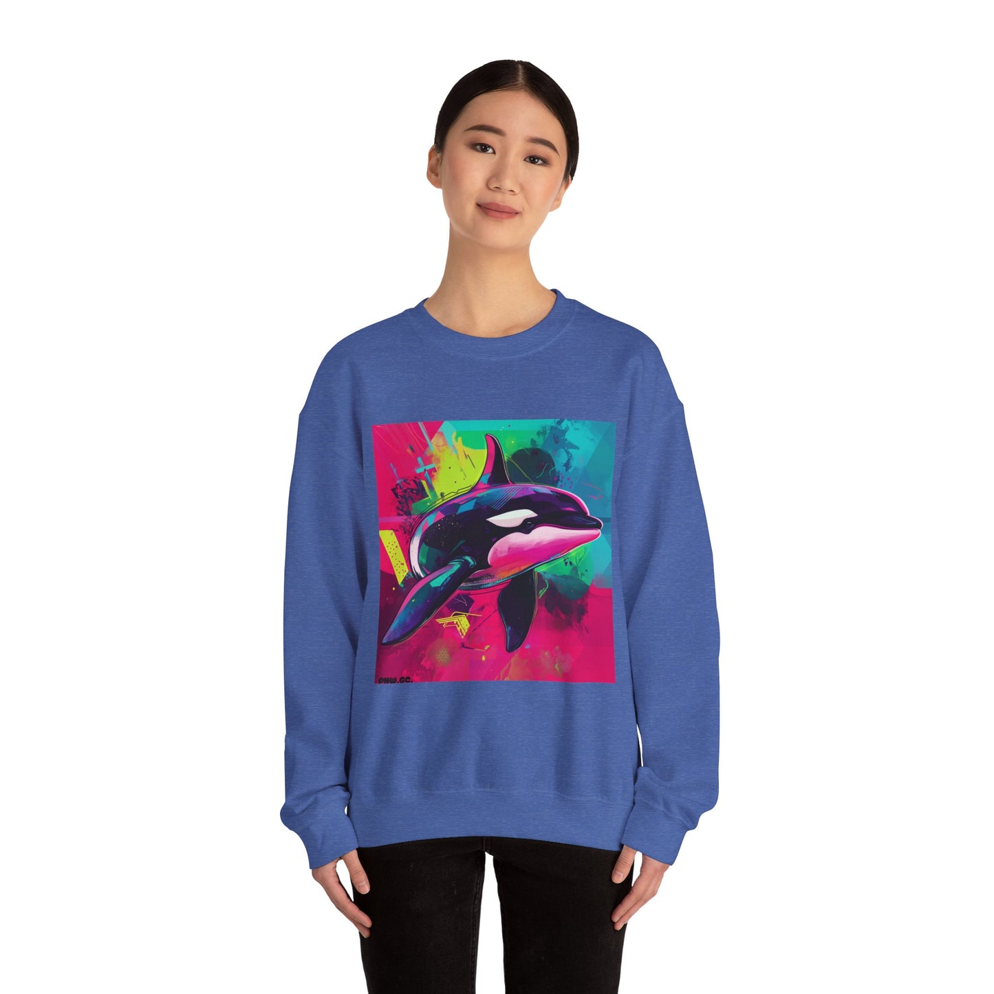 90's Neon Orca Crew Neck Sweater | Pacific Killer Whale Art | Retro Vaporwave Sweater | Colorful Orca Gift | By Pacific NW Gear Co.