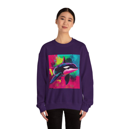 90's Neon Orca Crew Neck Sweater | Pacific Killer Whale Art | Retro Vaporwave Sweater | Colorful Orca Gift | By Pacific NW Gear Co.