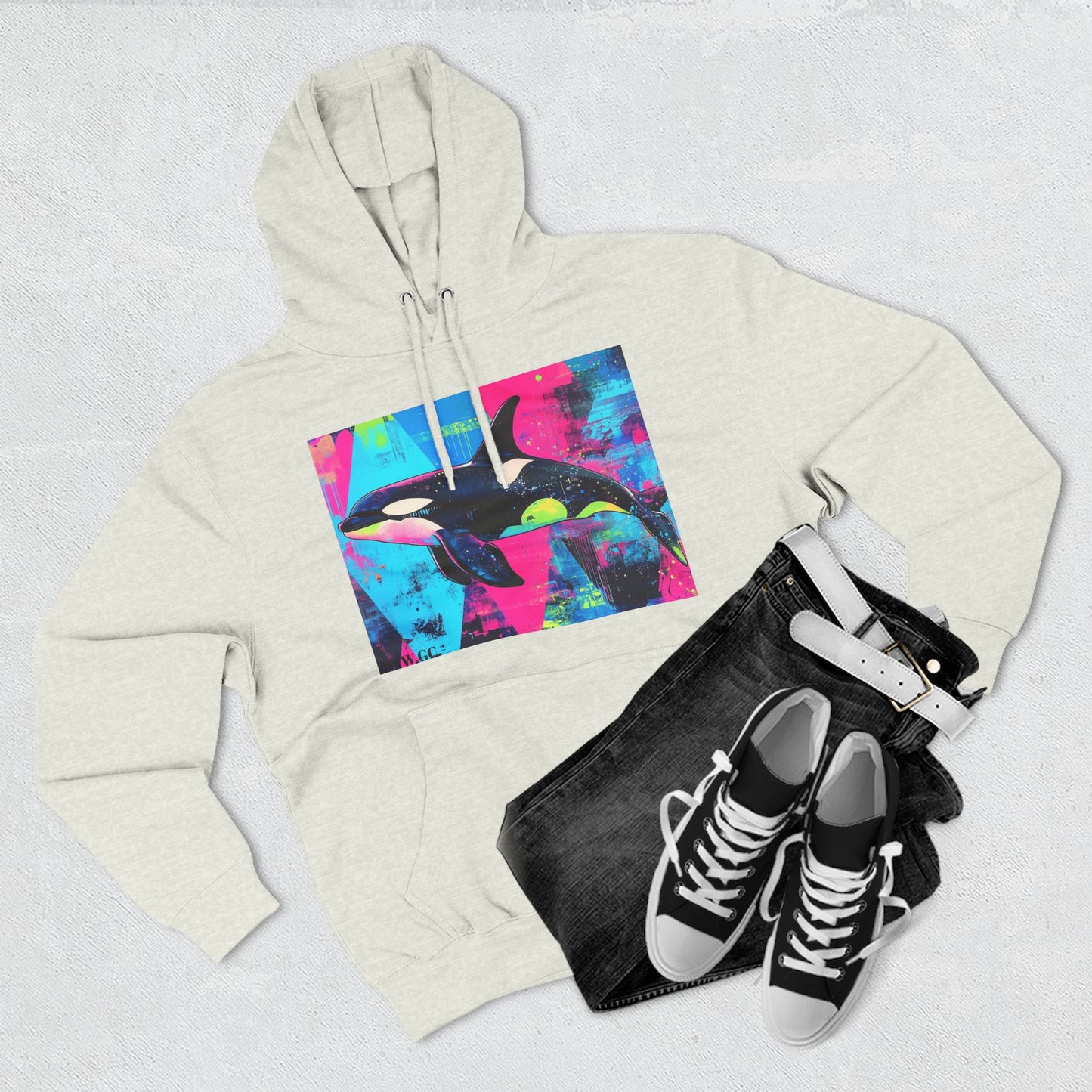 90's Neon Orca V.2 Fleece Hoodie | Pacific Killer Whale Art Version 2 | Retro Orca Hoodie | Colorful Sea Life Gift | By Pacific NW Gear Co.