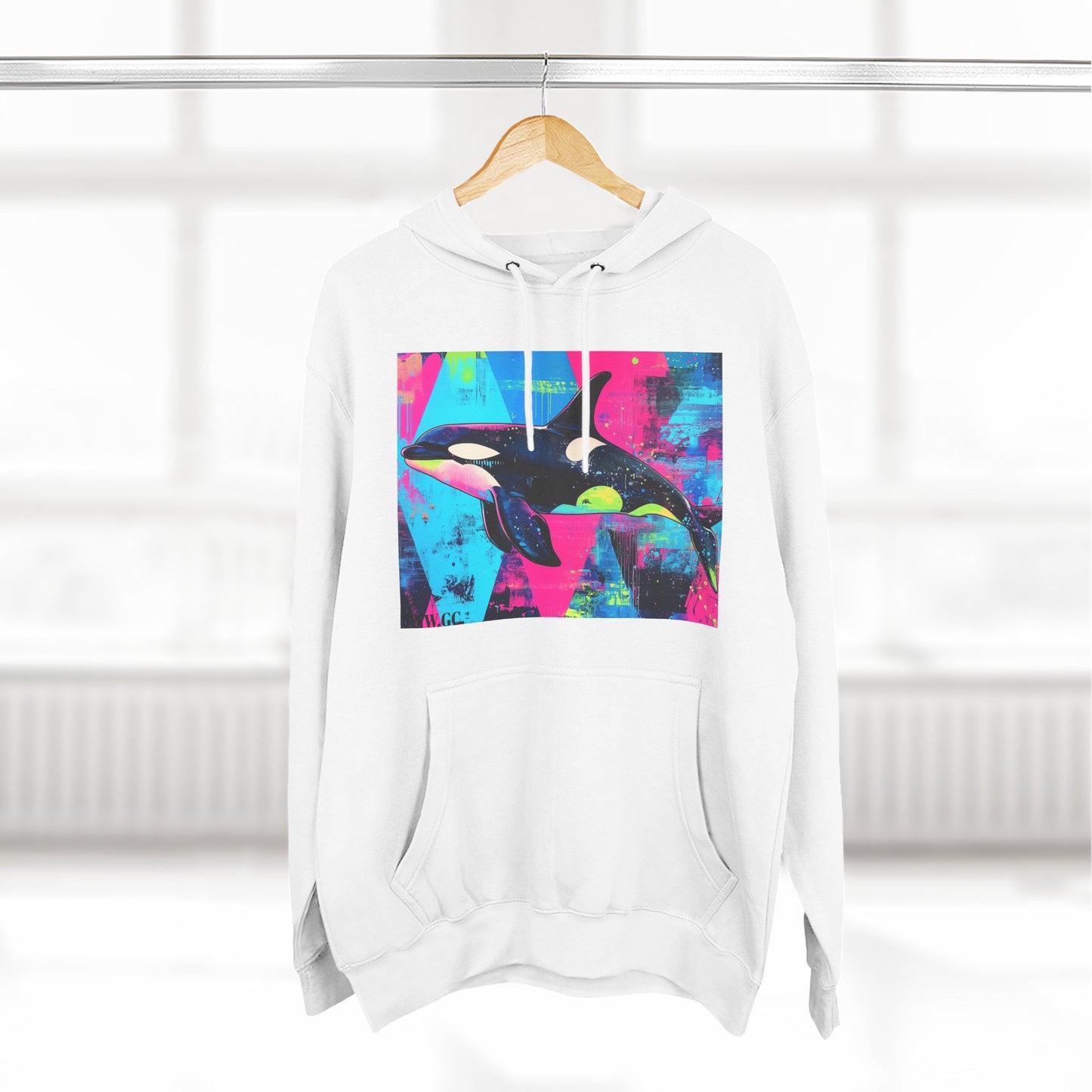 90's Neon Orca V.2 Fleece Hoodie | Pacific Killer Whale Art Version 2 | Retro Orca Hoodie | Colorful Sea Life Gift | By Pacific NW Gear Co.