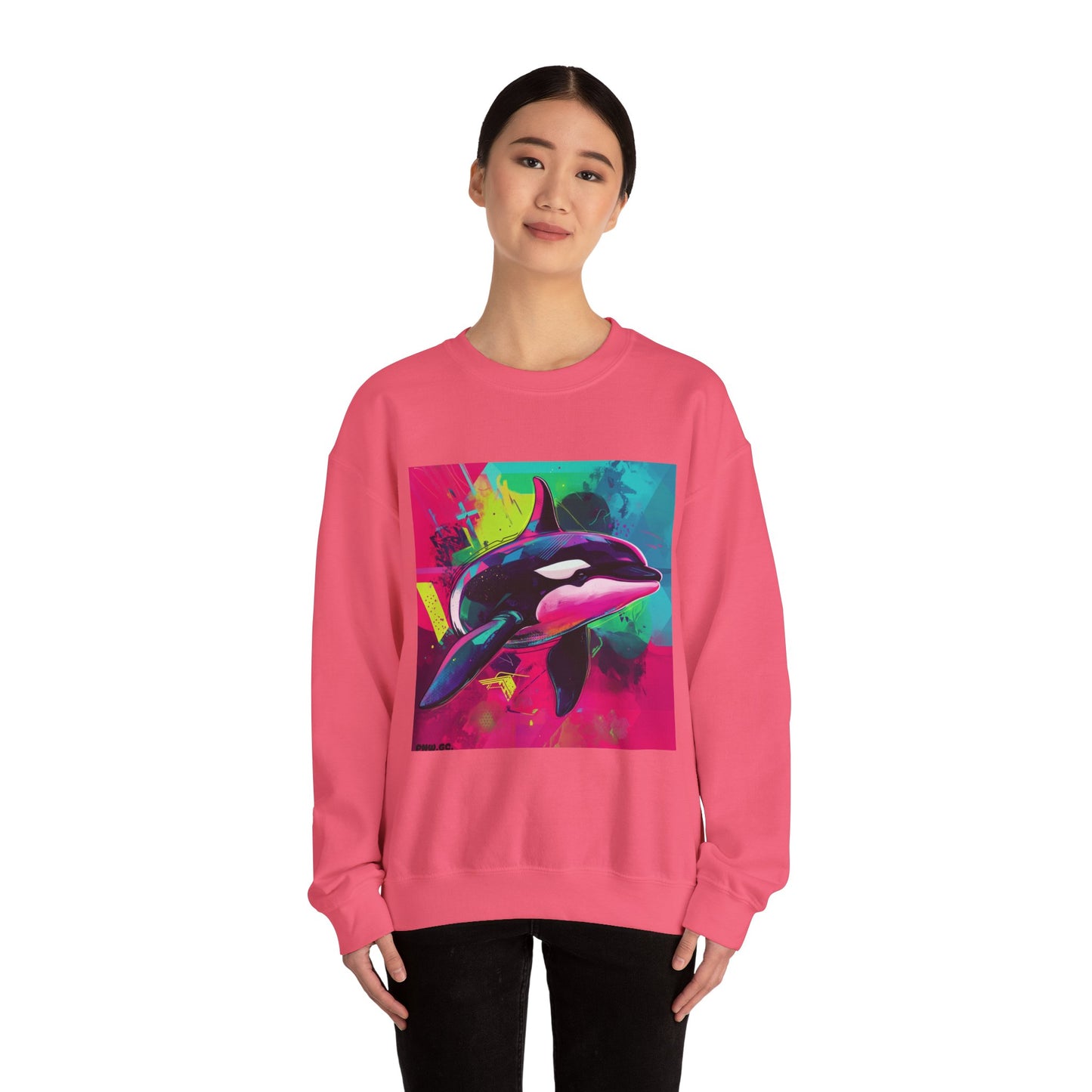 90's Neon Orca Crew Neck Sweater | Pacific Killer Whale Art | Retro Vaporwave Sweater | Colorful Orca Gift | By Pacific NW Gear Co.
