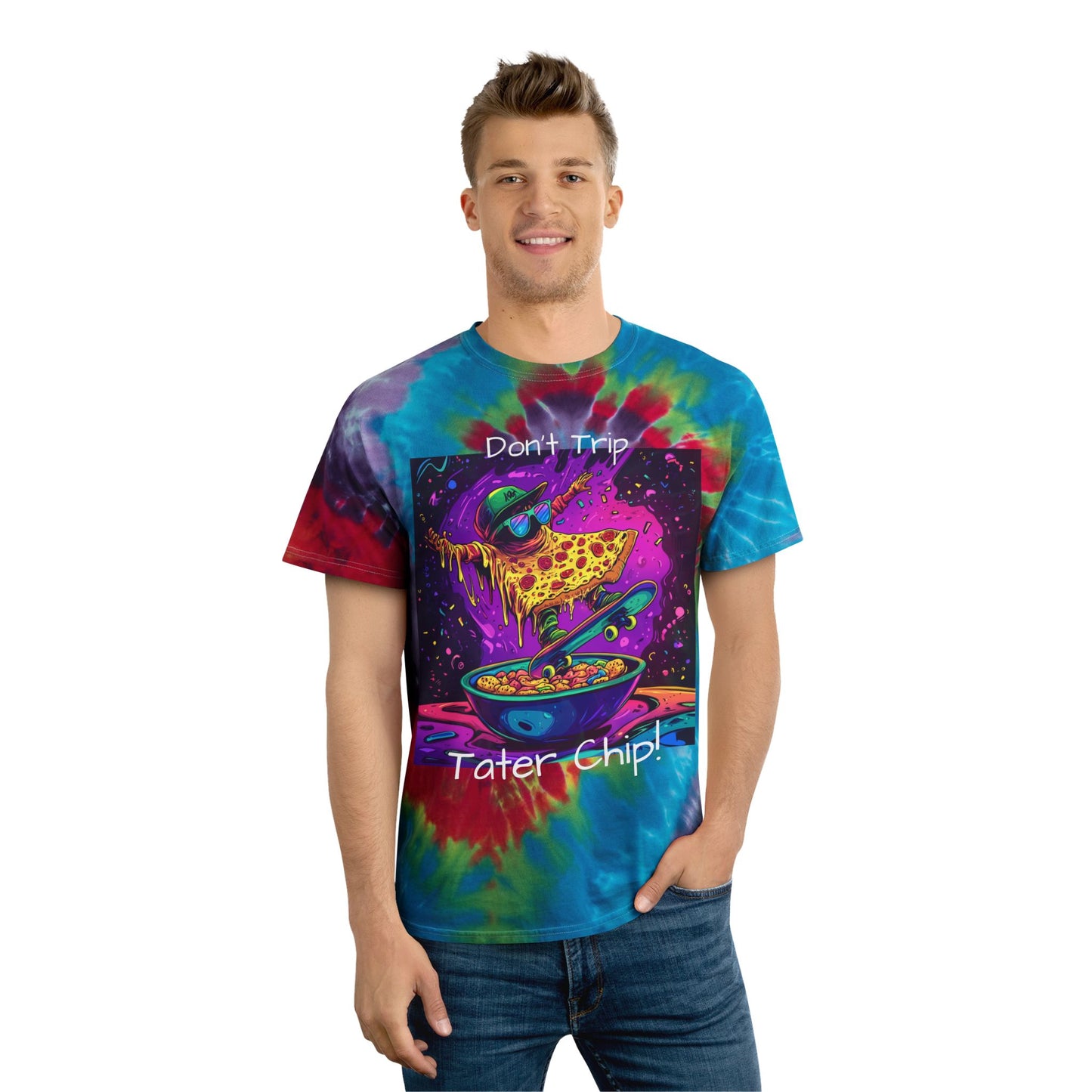 Cosmic Slice Tie Dye Tee | Pete Zaa Skater Dude Shirt | Don't Trip Tater Chip Tie Dye Tee | Retro Skate Gift | By Pacific NW Gear Co.