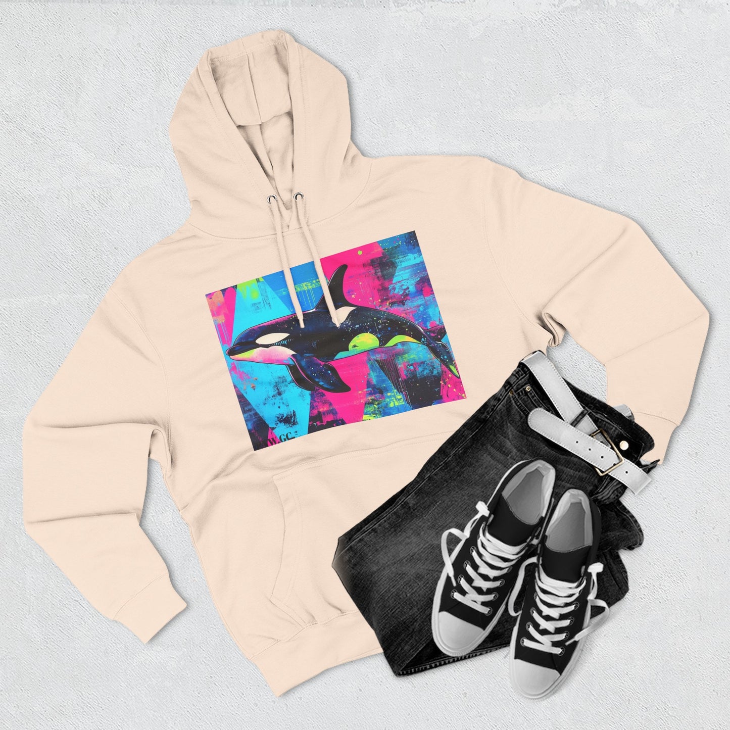 90's Neon Orca V.2 Fleece Hoodie | Pacific Killer Whale Art Version 2 | Retro Orca Hoodie | Colorful Sea Life Gift | By Pacific NW Gear Co.