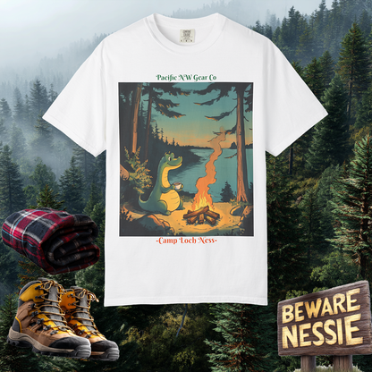 Camp Loch Ness T-Shirt | Camping W/ Nessie Graphic Tee | Cryptid Creature Shirt | Legendary Creature Tee | Pacific NW Gear Co