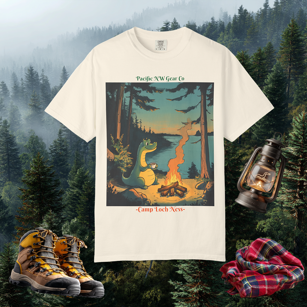 Camp Loch Ness T-Shirt | Camping W/ Nessie Graphic Tee | Cryptid Creature Shirt | Legendary Creature Tee | Pacific NW Gear Co