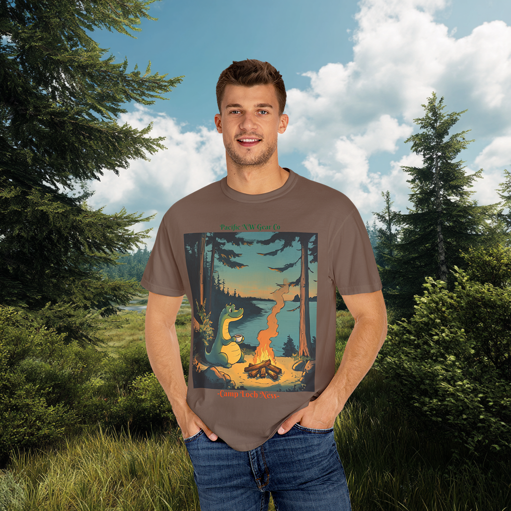 Camp Loch Ness T-Shirt | Camping W/ Nessie Graphic Tee | Cryptid Creature Shirt | Legendary Creature Tee | Pacific NW Gear Co