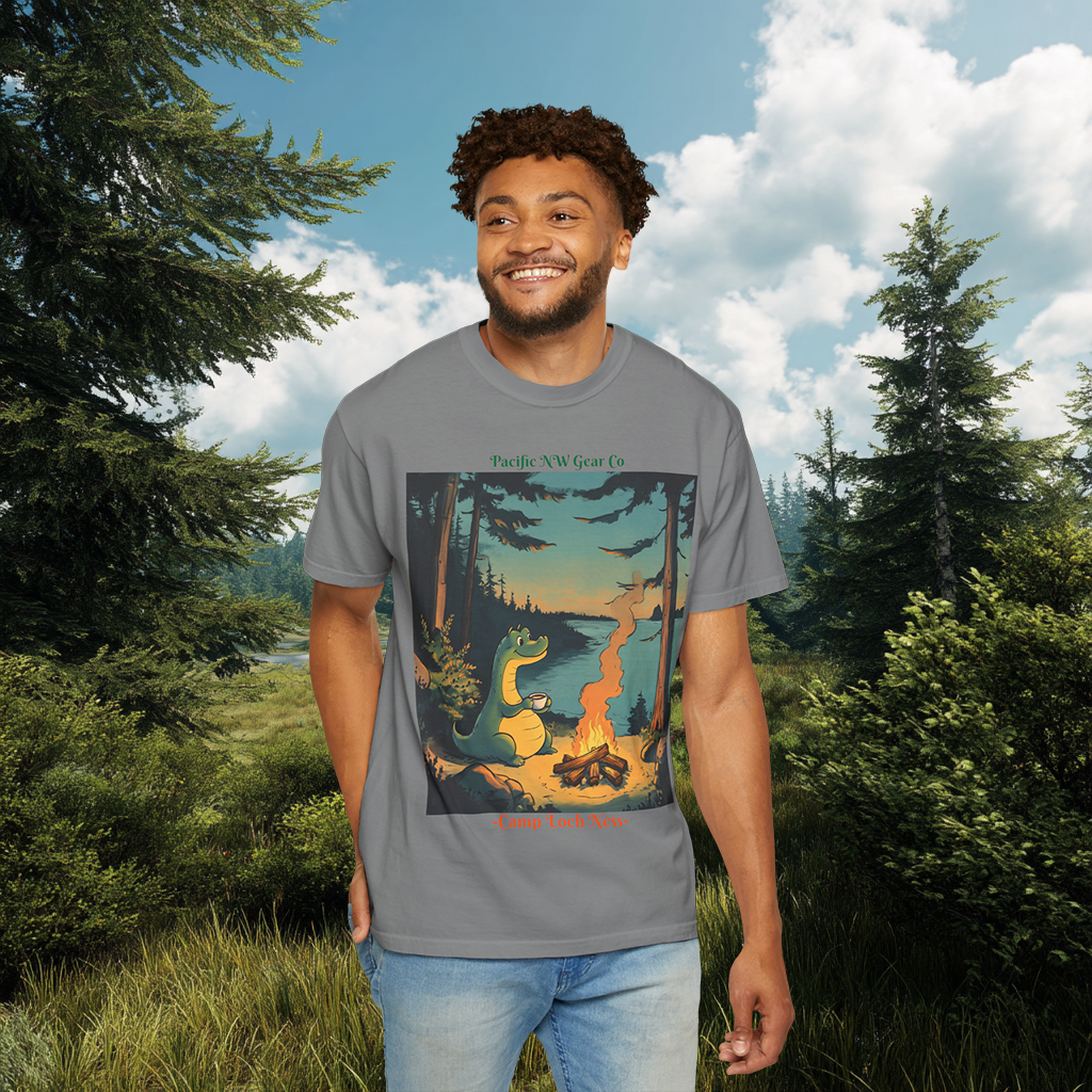 Camp Loch Ness T-Shirt | Camping W/ Nessie Graphic Tee | Cryptid Creature Shirt | Legendary Creature Tee | Pacific NW Gear Co