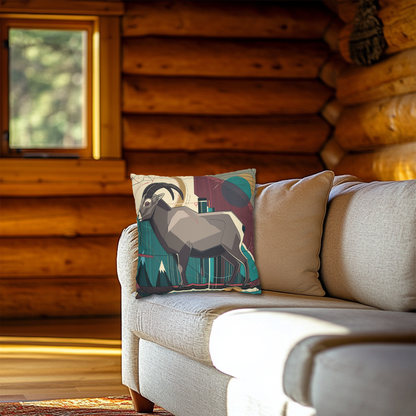 Geo Mountain Goat Pillow | Modern Animal Art Decor | Pacific NW | Modern Faux Suede Square Pillowcase | Vibrant Animal Print Home Decor