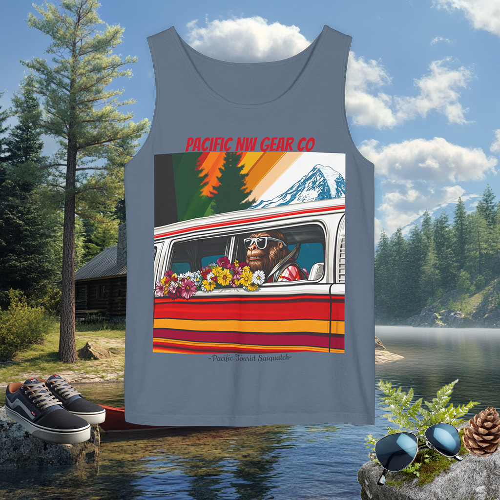 PNW Tourist Sasquatch Tank Top V.2 | Cryptid Design | Legendary Creature | 100% US Cotton | Relaxed Fit | Pacific NW Gear Co